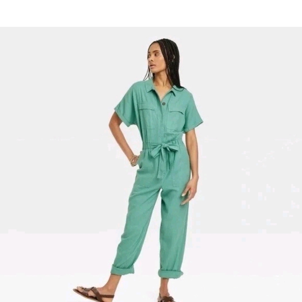 Womens Green Short Sleeve Linen Boilersuit Casual Jumpsuit
